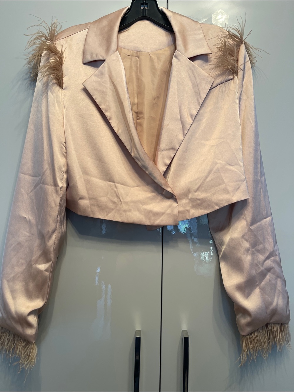 SHEIN Pale Pink Feather-Trim Cropped Blazer